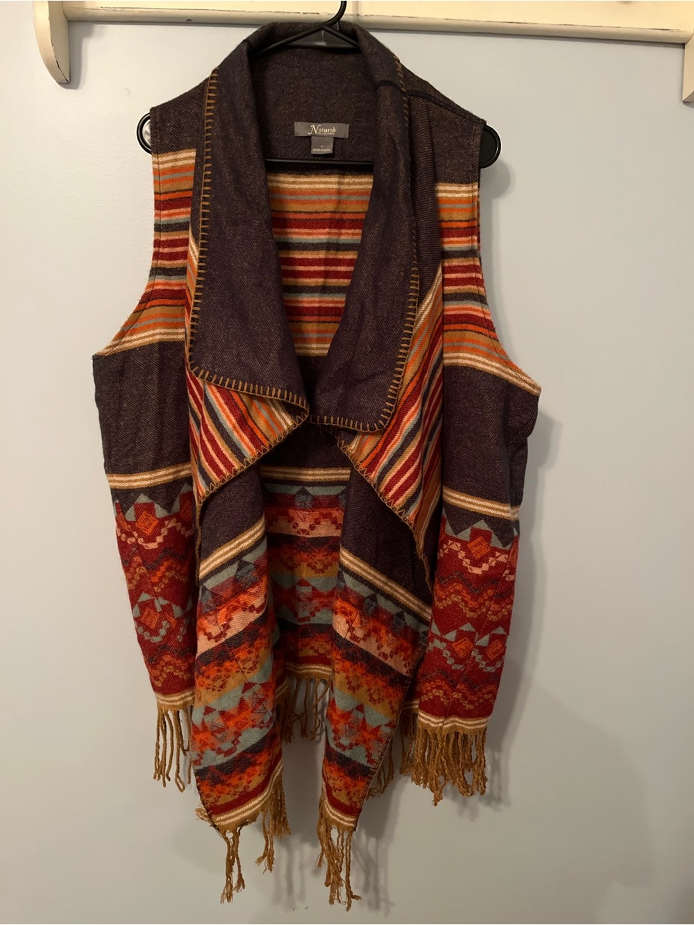 Natural Reflections Multicolor Draped Fringe Vest — Rust, Teal & Plum